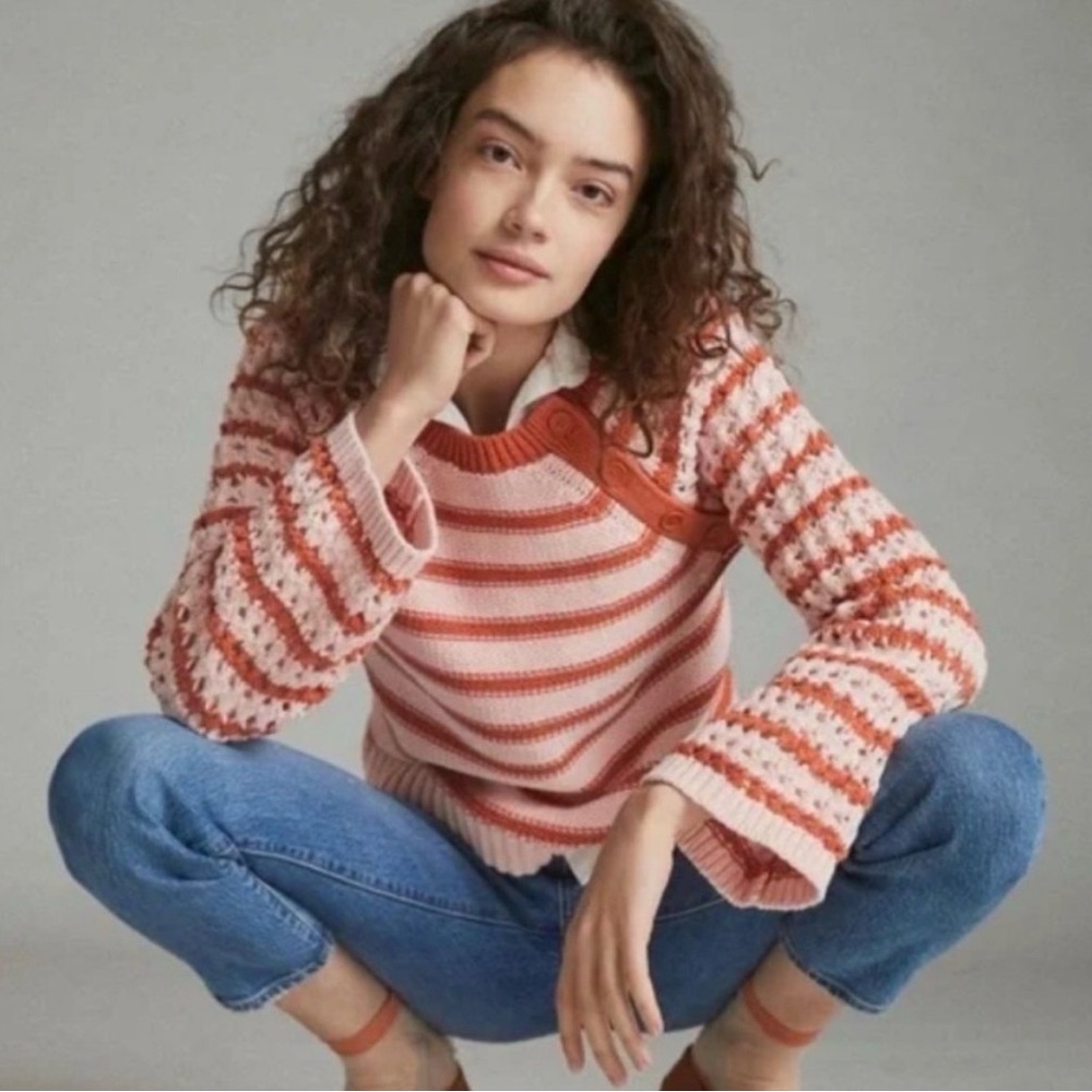 Maeve Anthropologie Sweater M Eva Cotton Crochet Knit Long Sleeve Crew Pullover